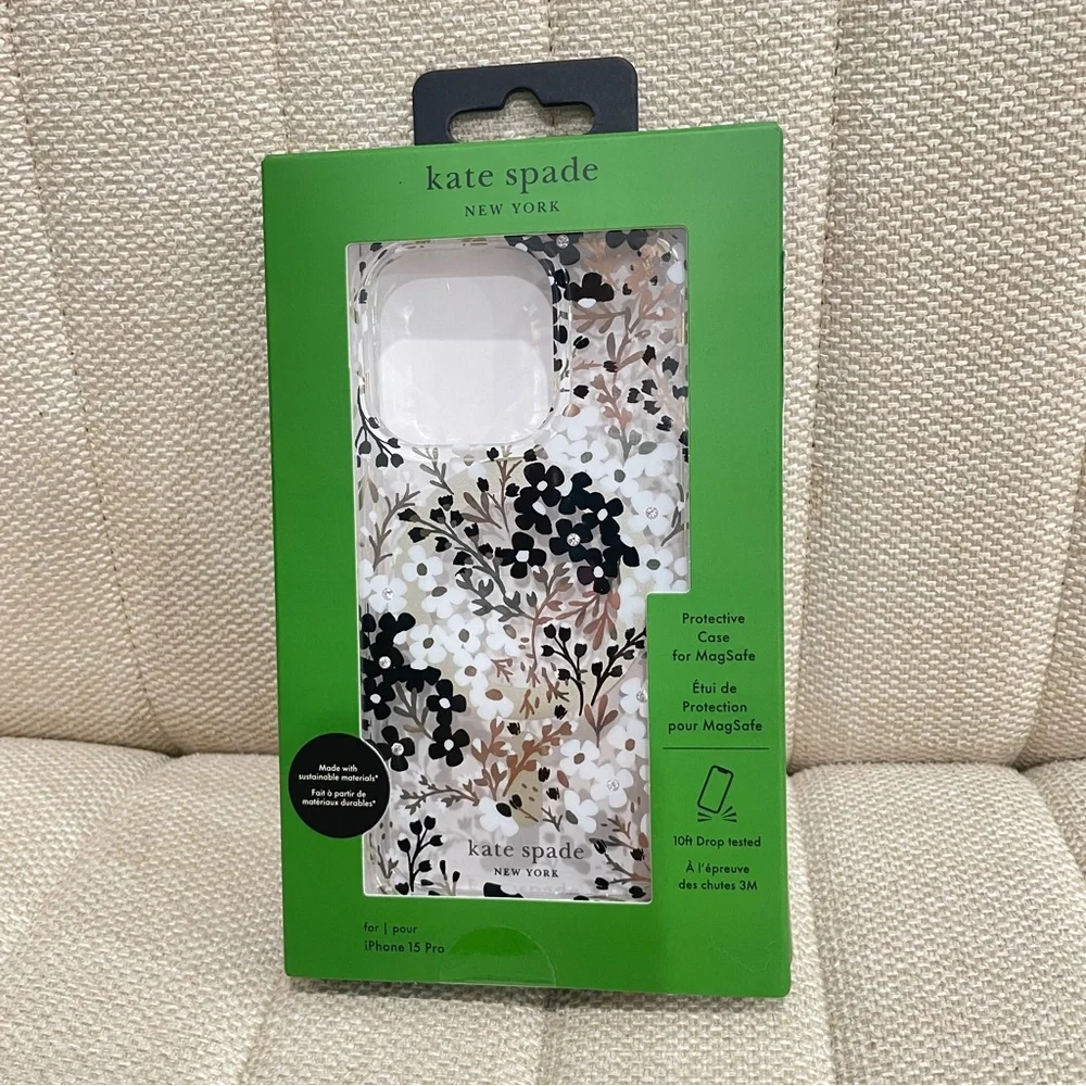 NEW Kate Spade New York iPhone 15 Pro‎ MagSafe Case Floral Crystal Black Gold